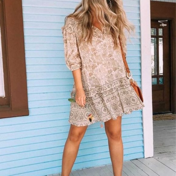 Brown boho gypsy Floral print ruffle mini dress - Picture 6 of 9